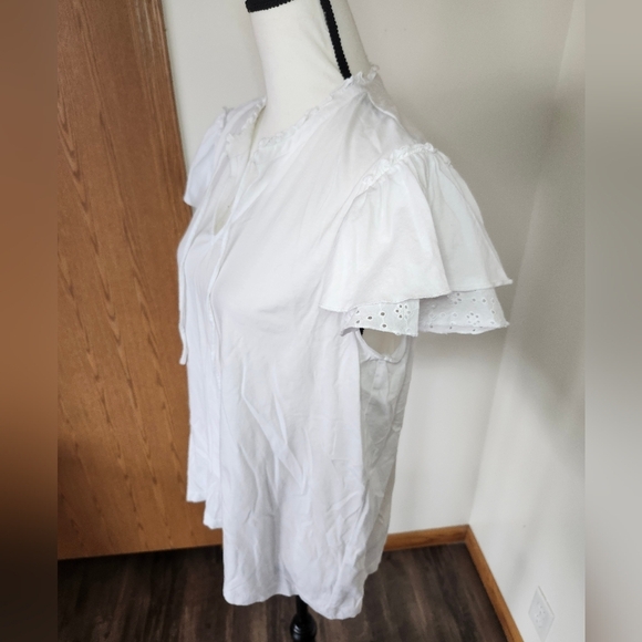 Chaps White Puff Sleeve Blouse with Tie Front and Mandarin Collar - Picture 2 of 4